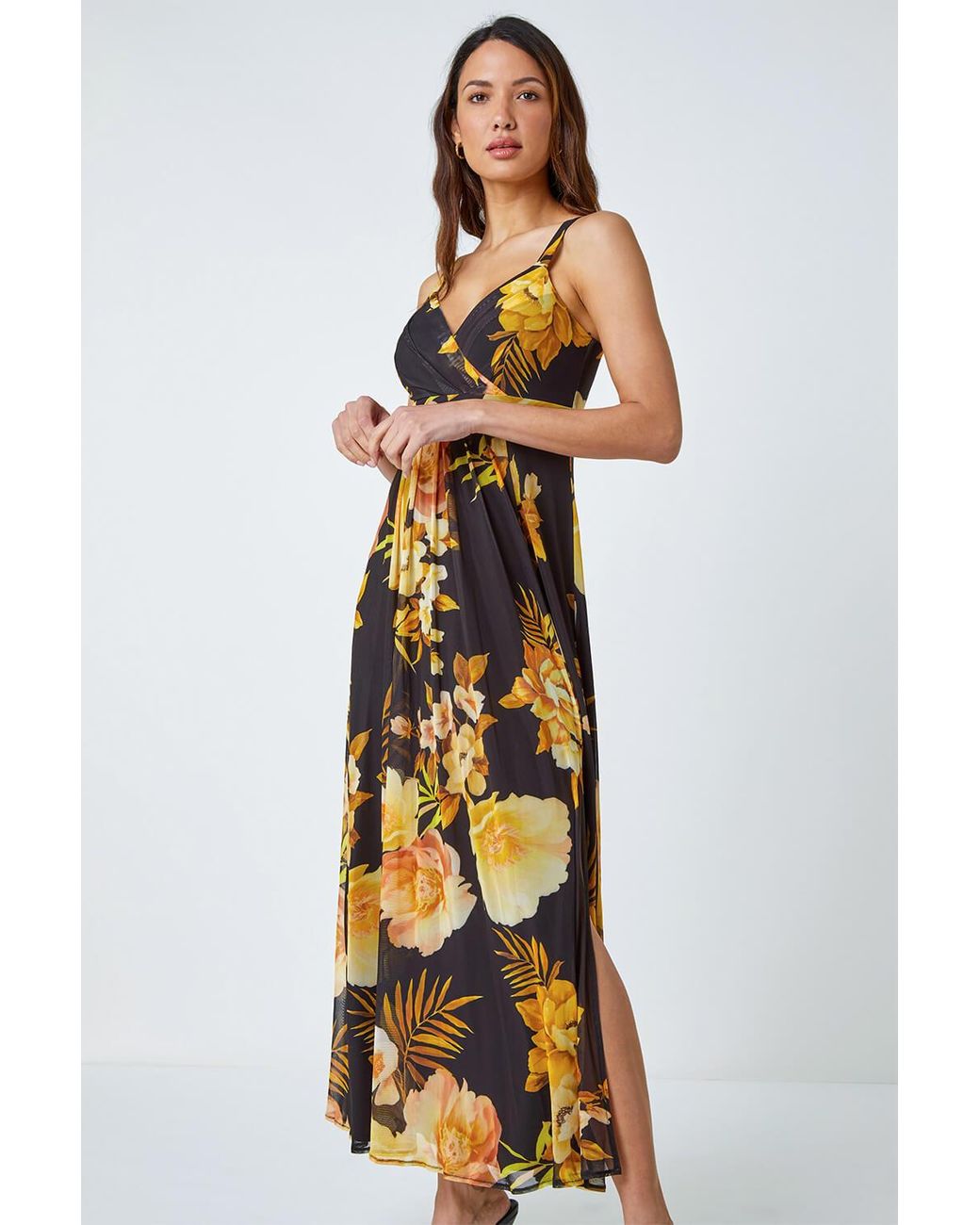 Roman Yellow Floral Print Stretch Wrap Maxi Dress