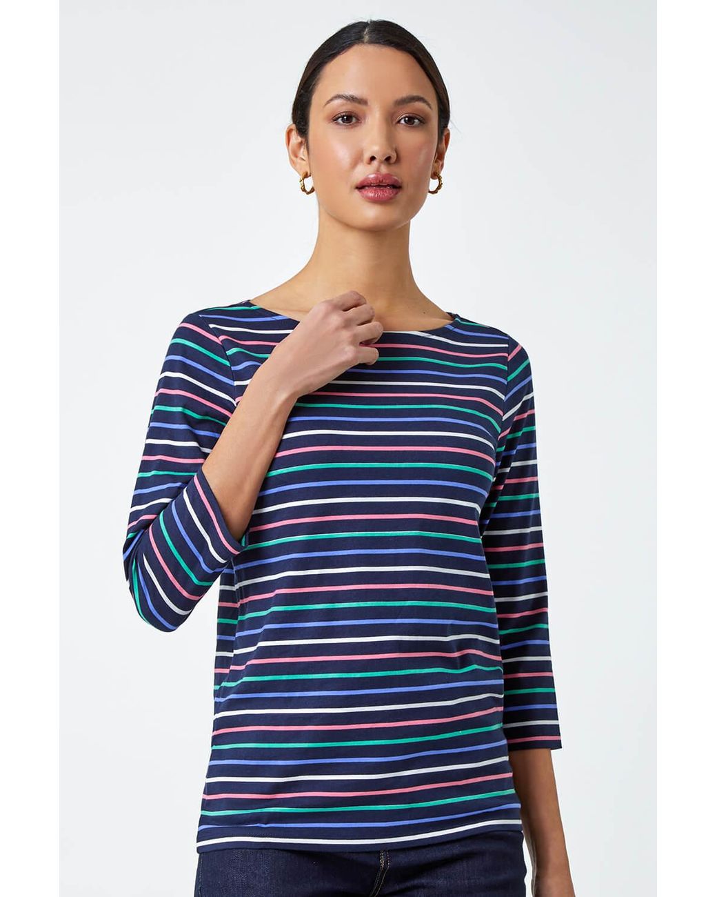 Roman Blue Cotton Stripe Print Top