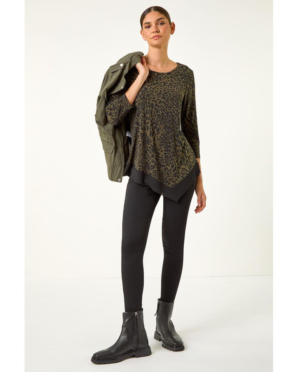Roman Black Animal Print Chiffon Asymmetric Hem Top