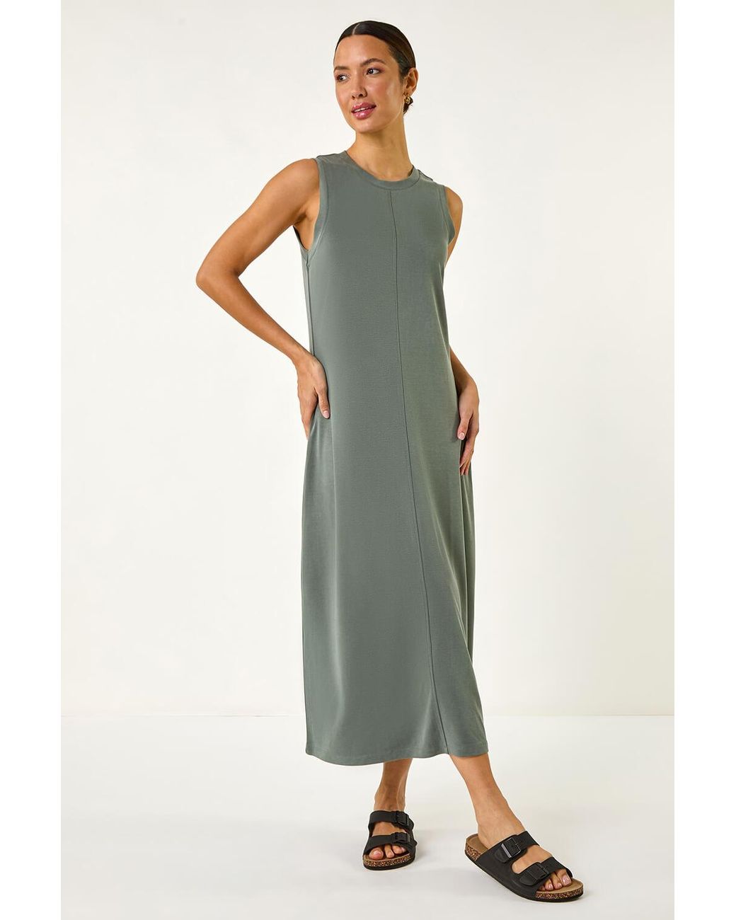 Roman Green Sandwash Stretch Midi Dress