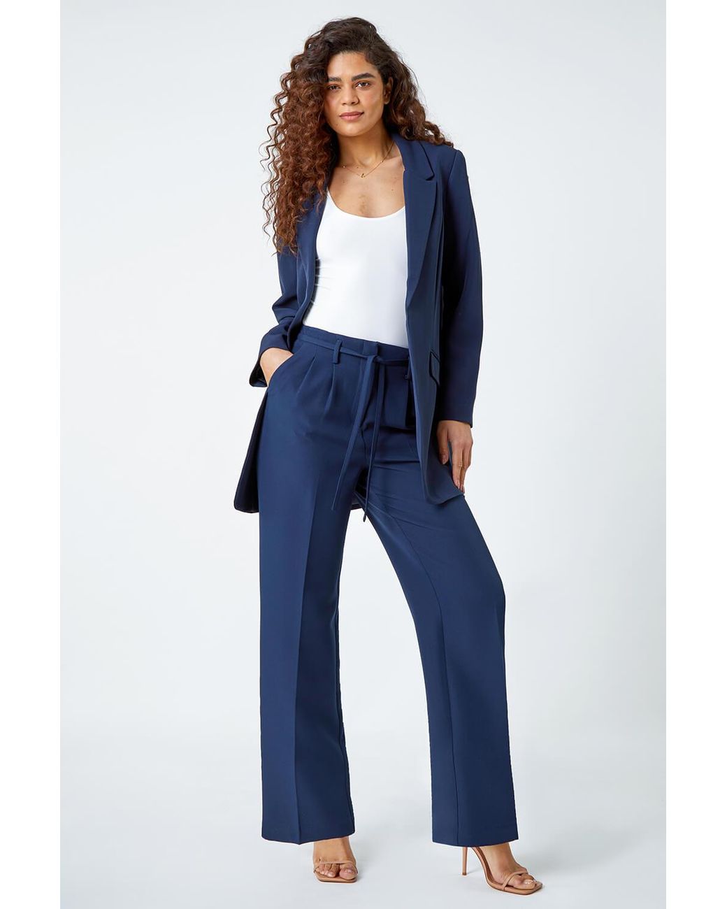 Roman Blue Crepe Stretch Straight Leg Trousers