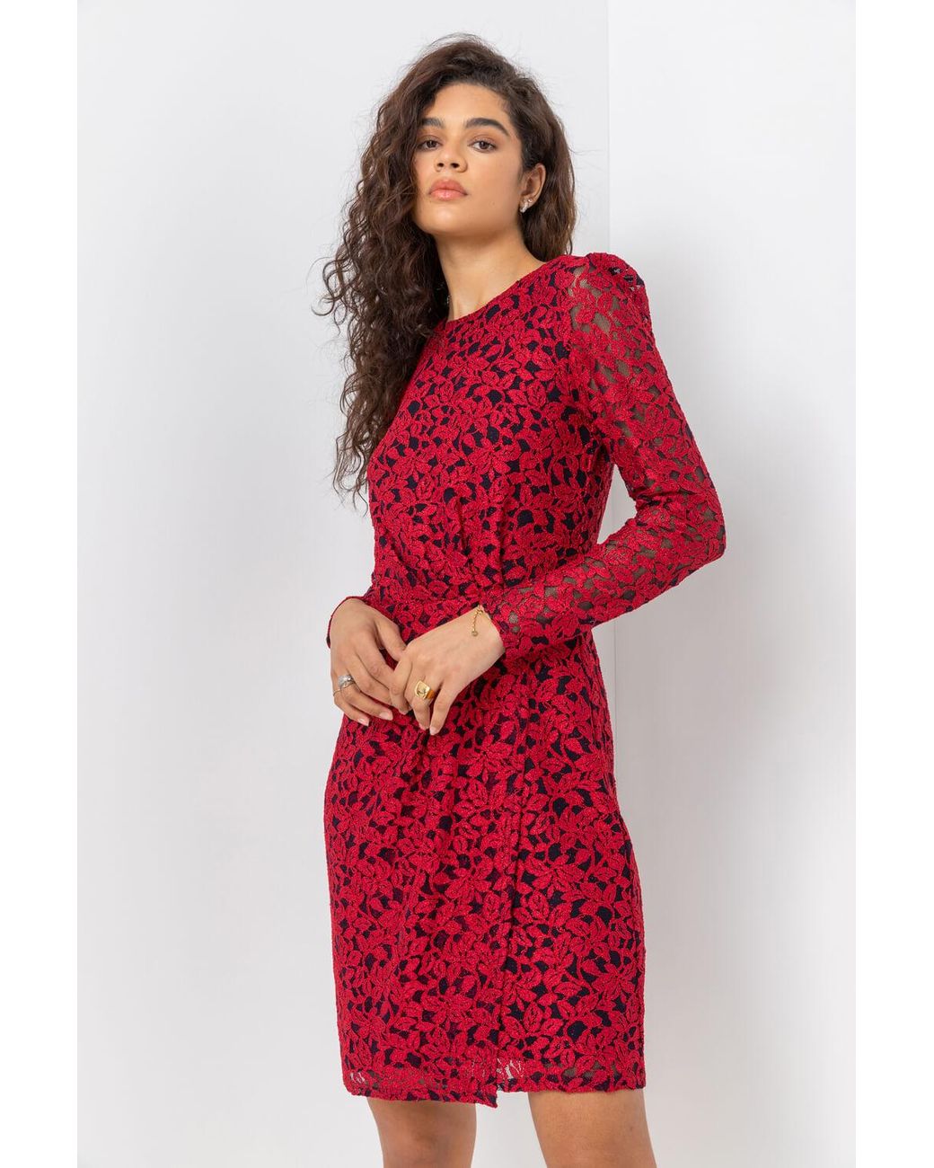 Roman Red Ruched Detail Lace Wrap Dress