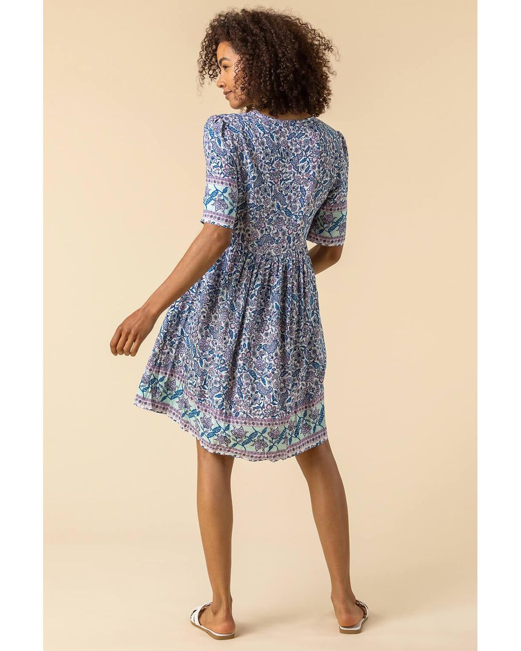 Roman Blue Floral Border Print Shift Tea Dress