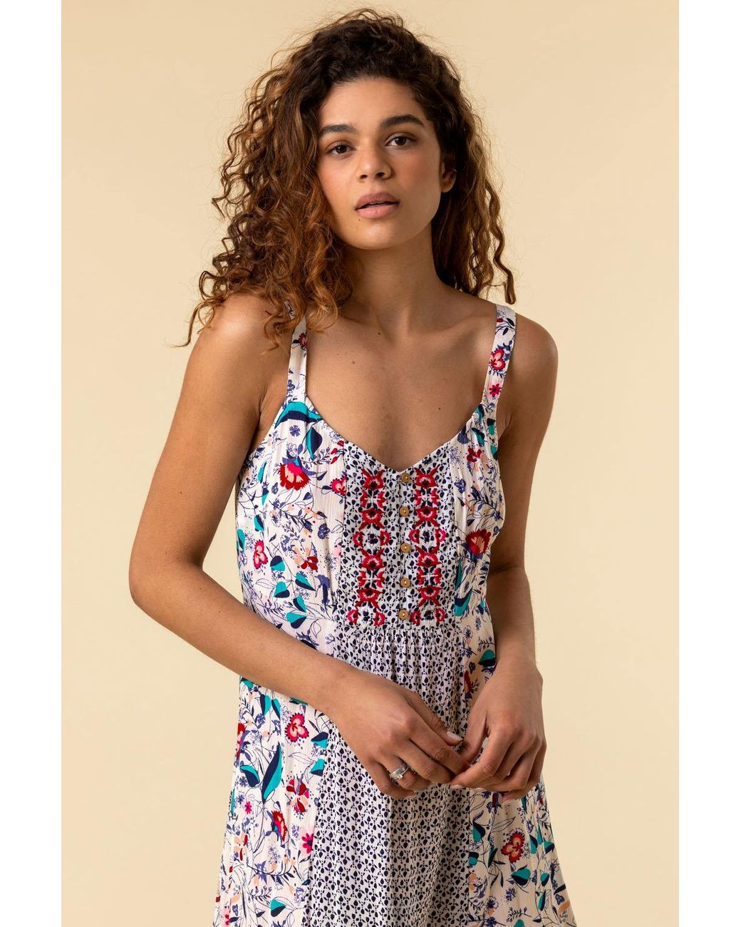Roman White Geo Floral Print Strappy Sun Dress