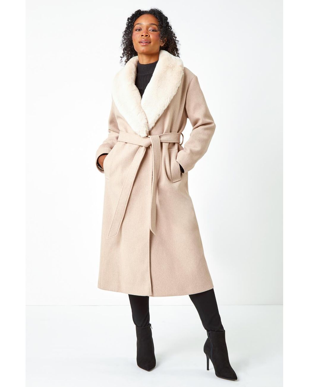 Roman Petite Natural Faux Fur Collar Longline Coat
