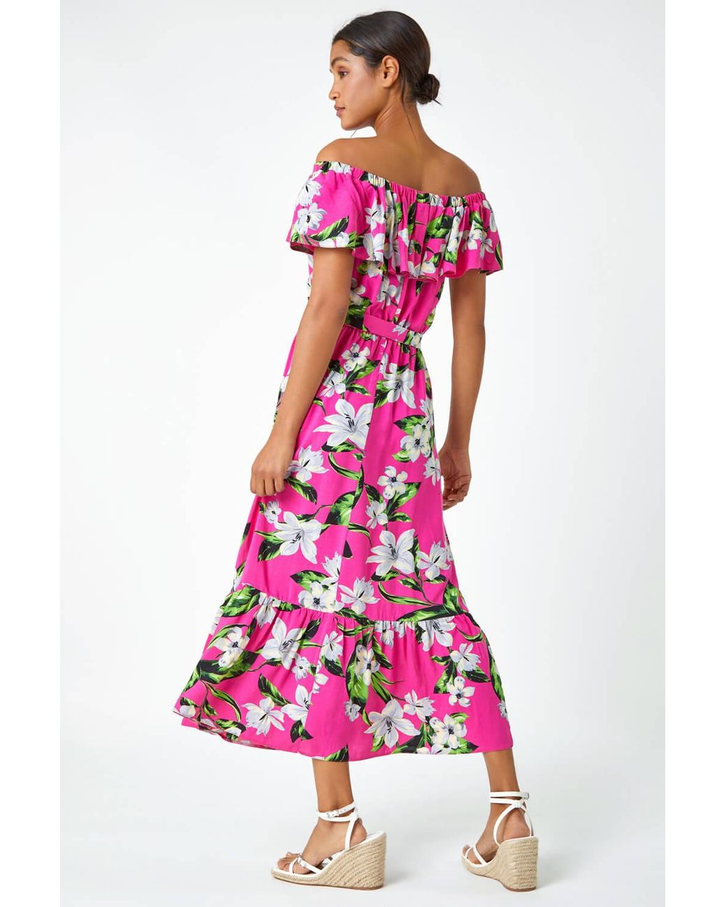 Roman Red Tropical Bardot Stretch Midi Dress