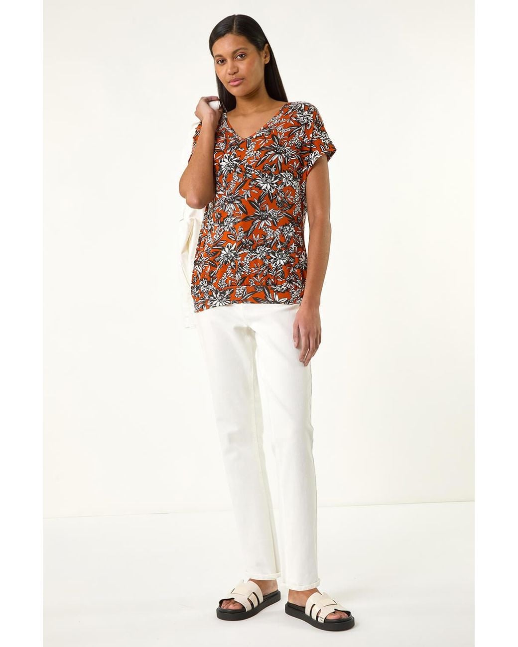 Roman Multicolor Printed V-Neck Banded Hem Top
