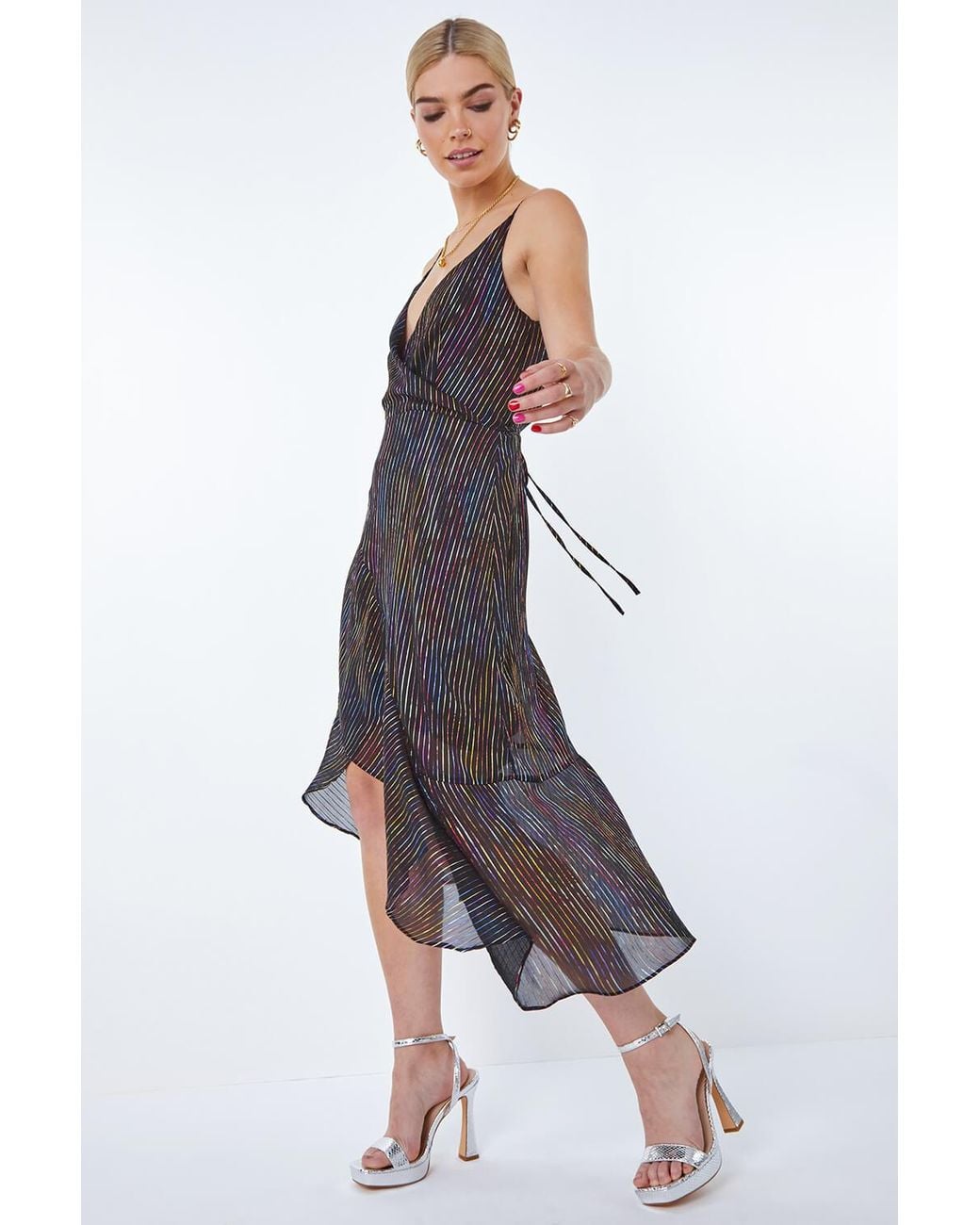 D.u.s.k Gray Metallic Stripe Frill Hem Midi Wrap Dress