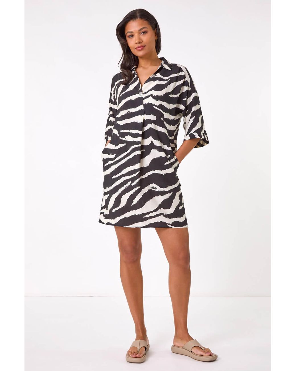 Roman White Zebra Print Shirt Dress