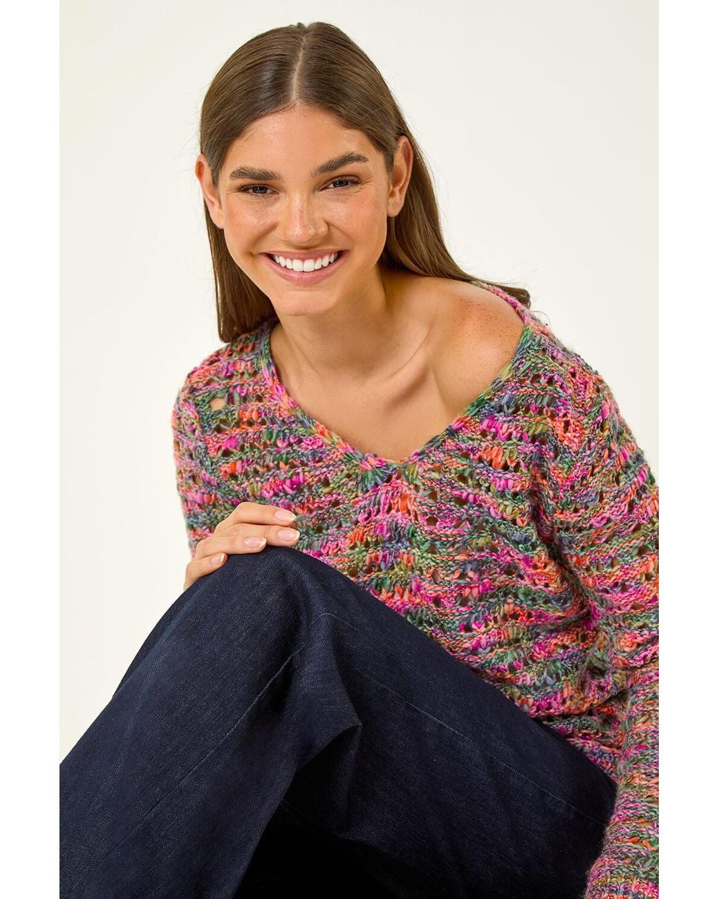 Roman Blue V-Neck Open Knit Jumper