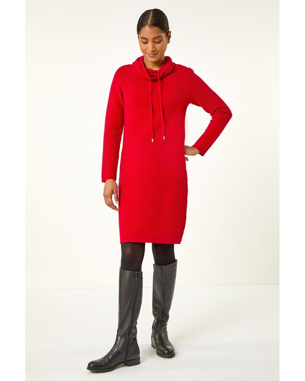 Roman Red Ribbed Cowl Neck Jumper Dress
