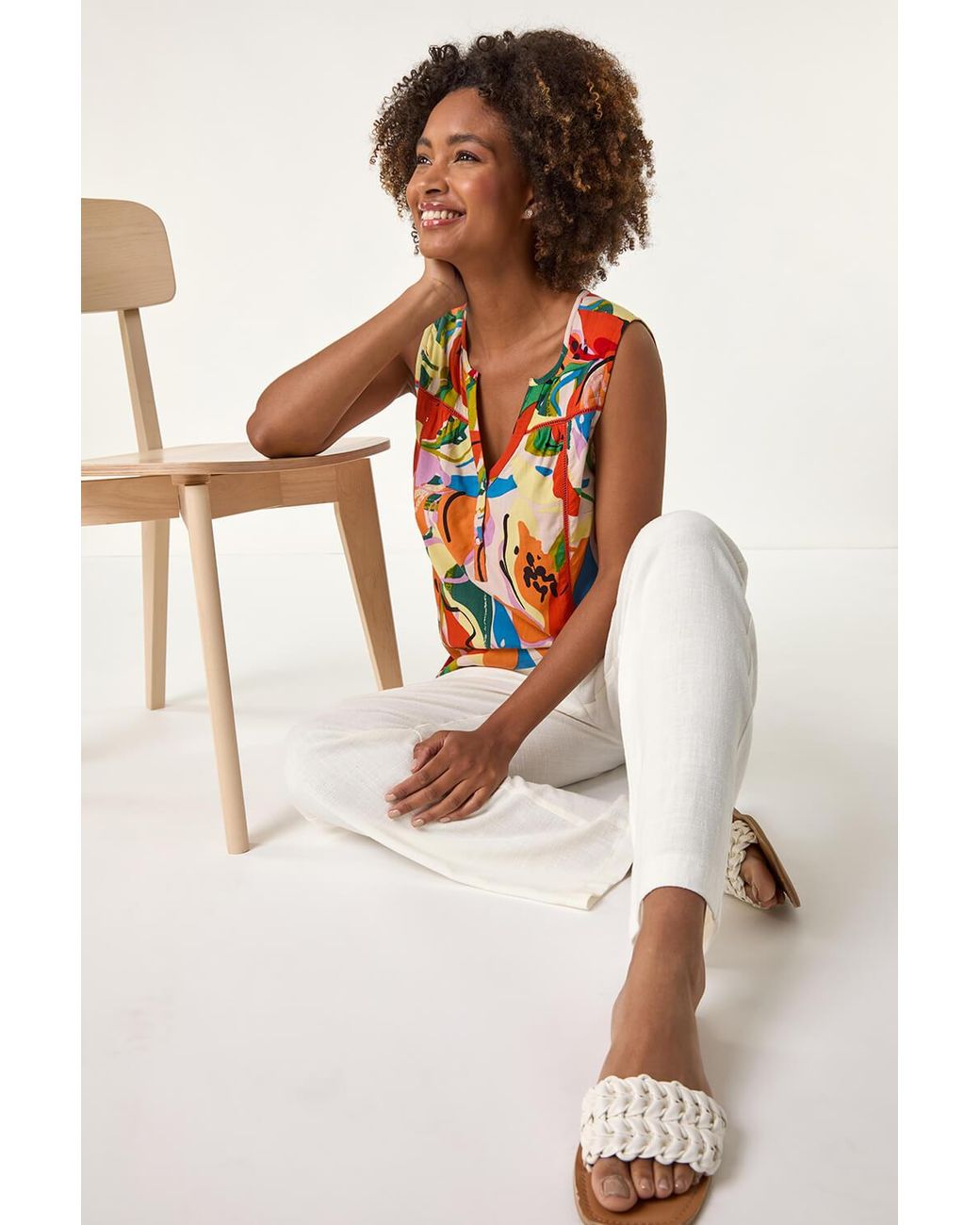 Roman Multicolor Abstract Print V-Neck Button Top