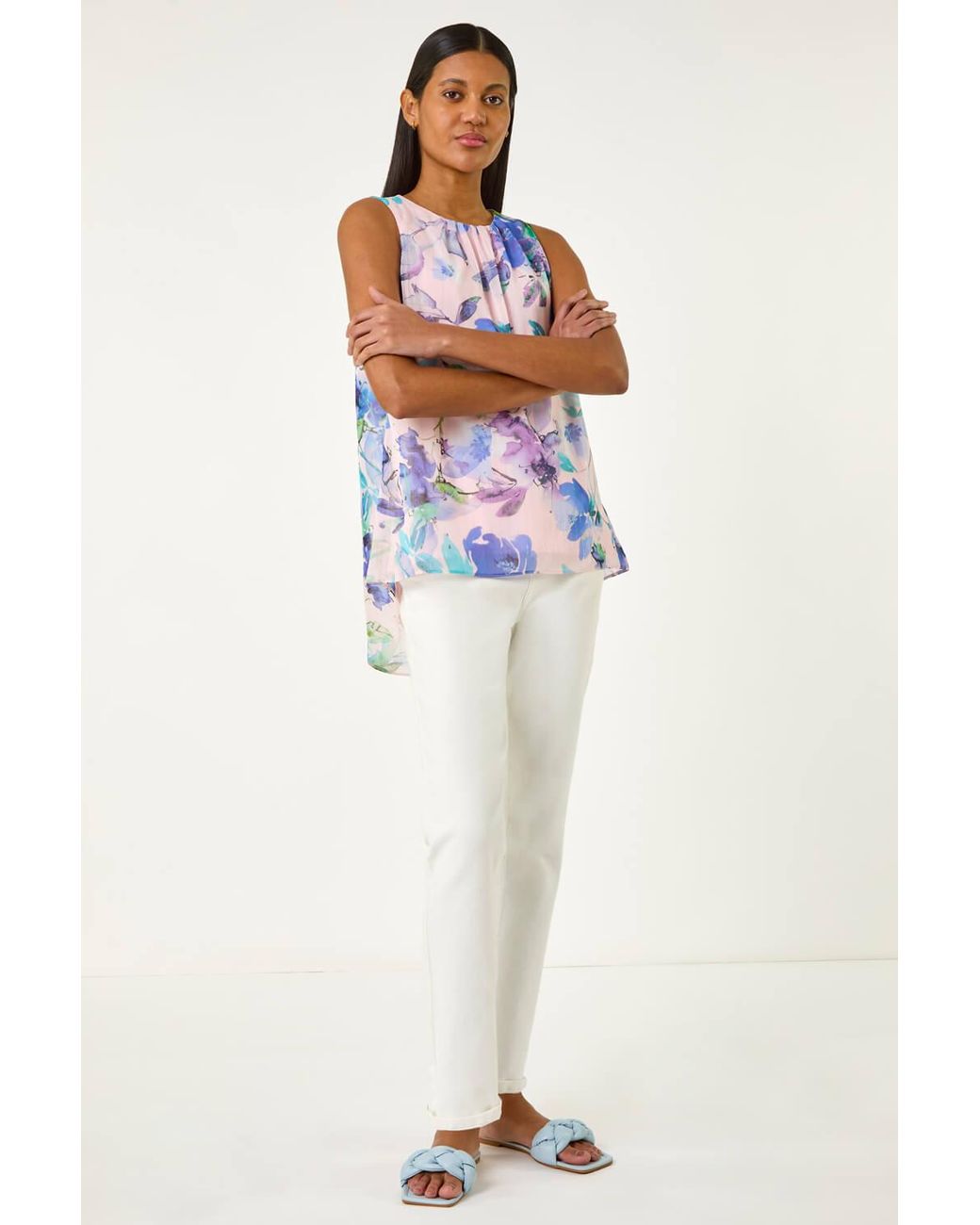 Roman Blue Floral Print Metallic Shell Top