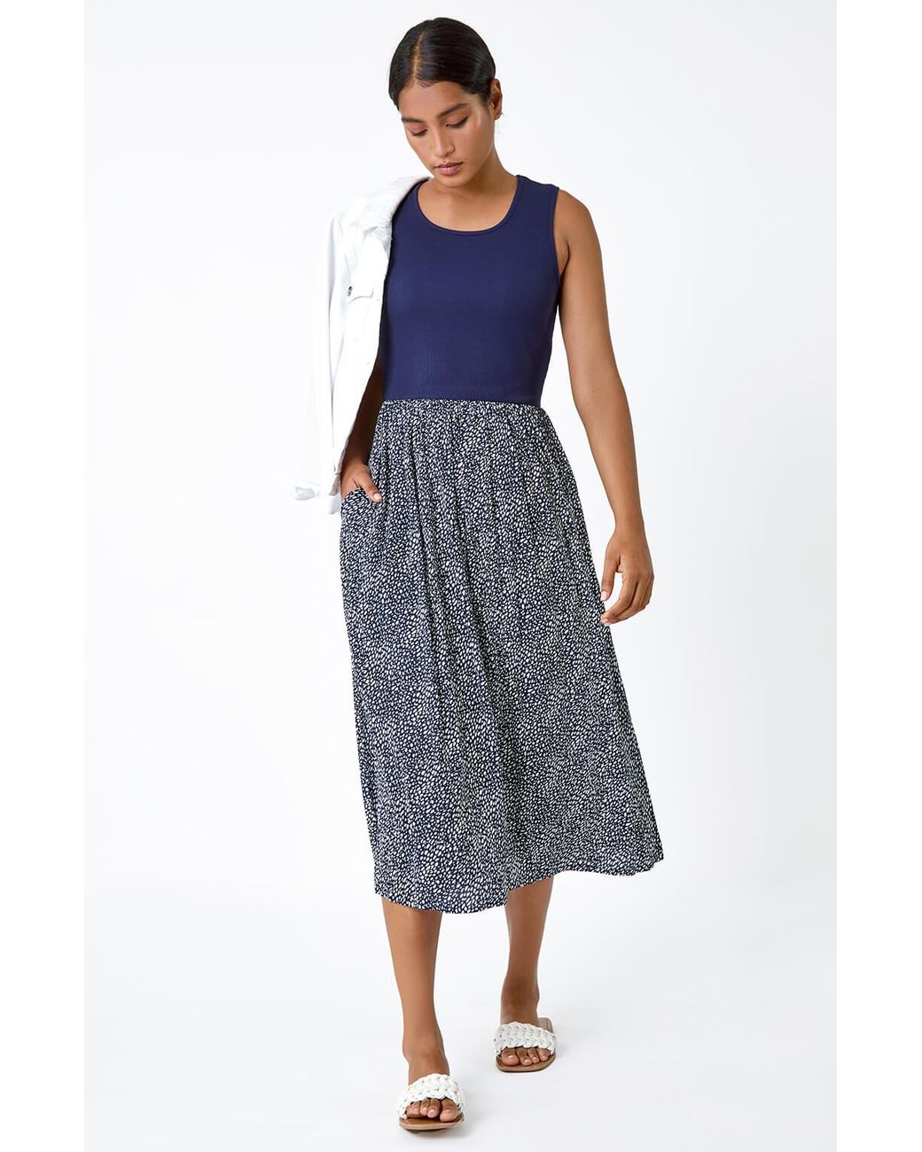 Roman Blue Contrast Spot Stretch Jersey Pocket Dress