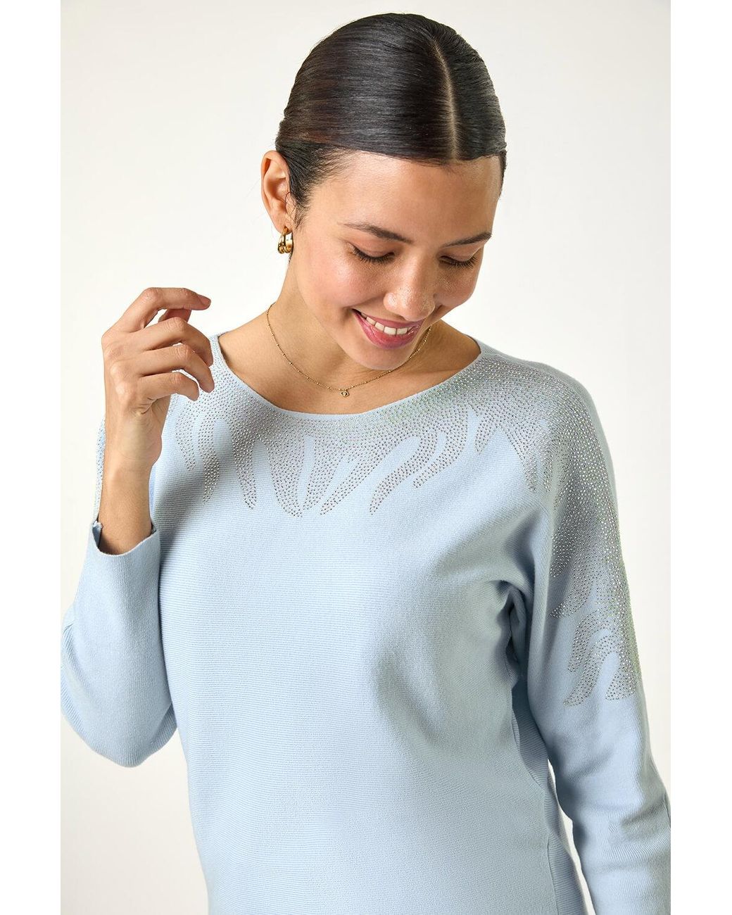 Roman Blue Embellished Neck Knit Jumper