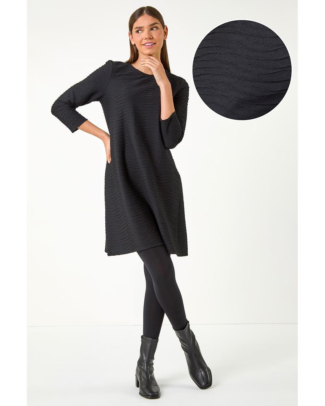 Roman Black Textured A-Line Stretch Dress