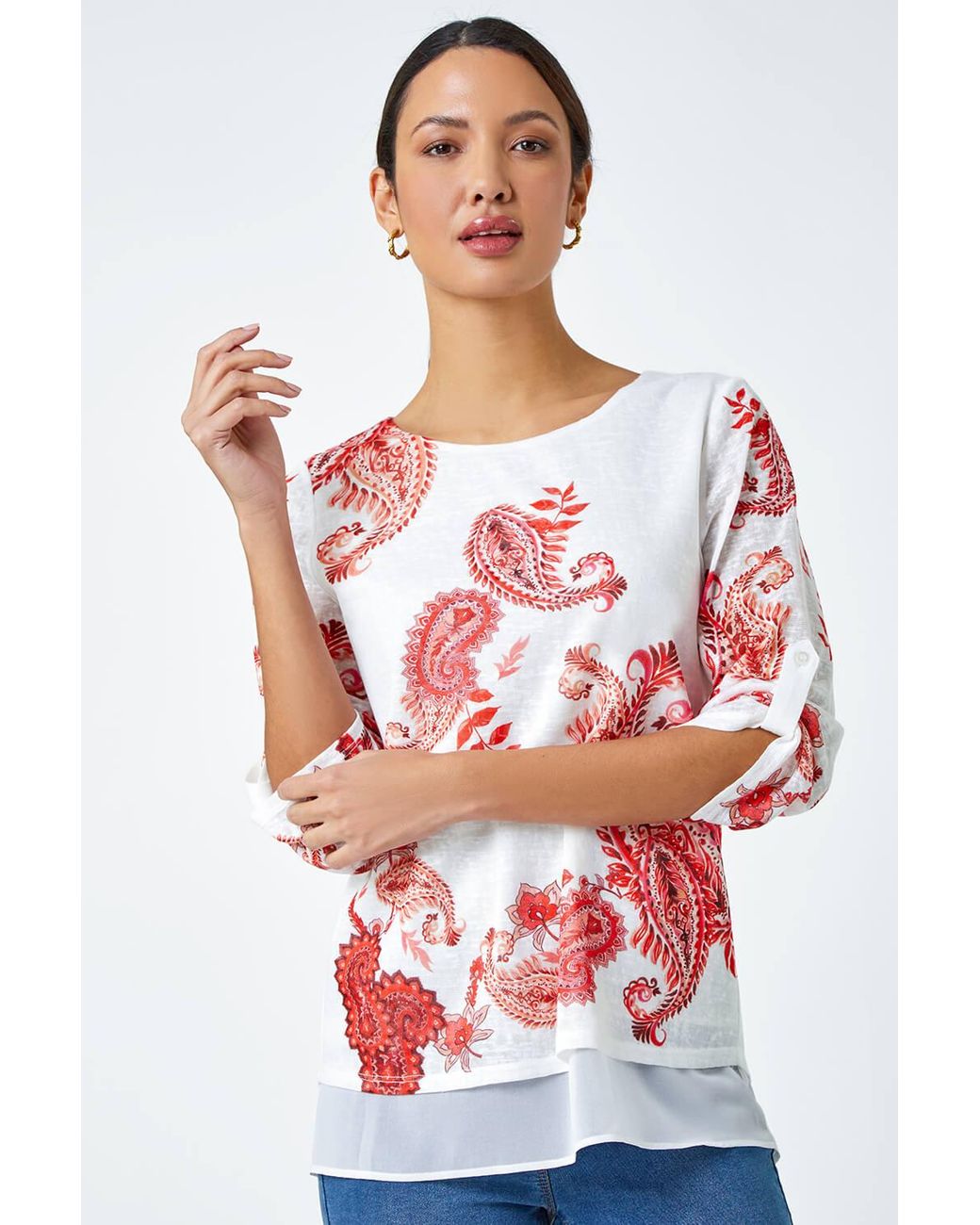 Roman White Paisley Print Double Layer Top