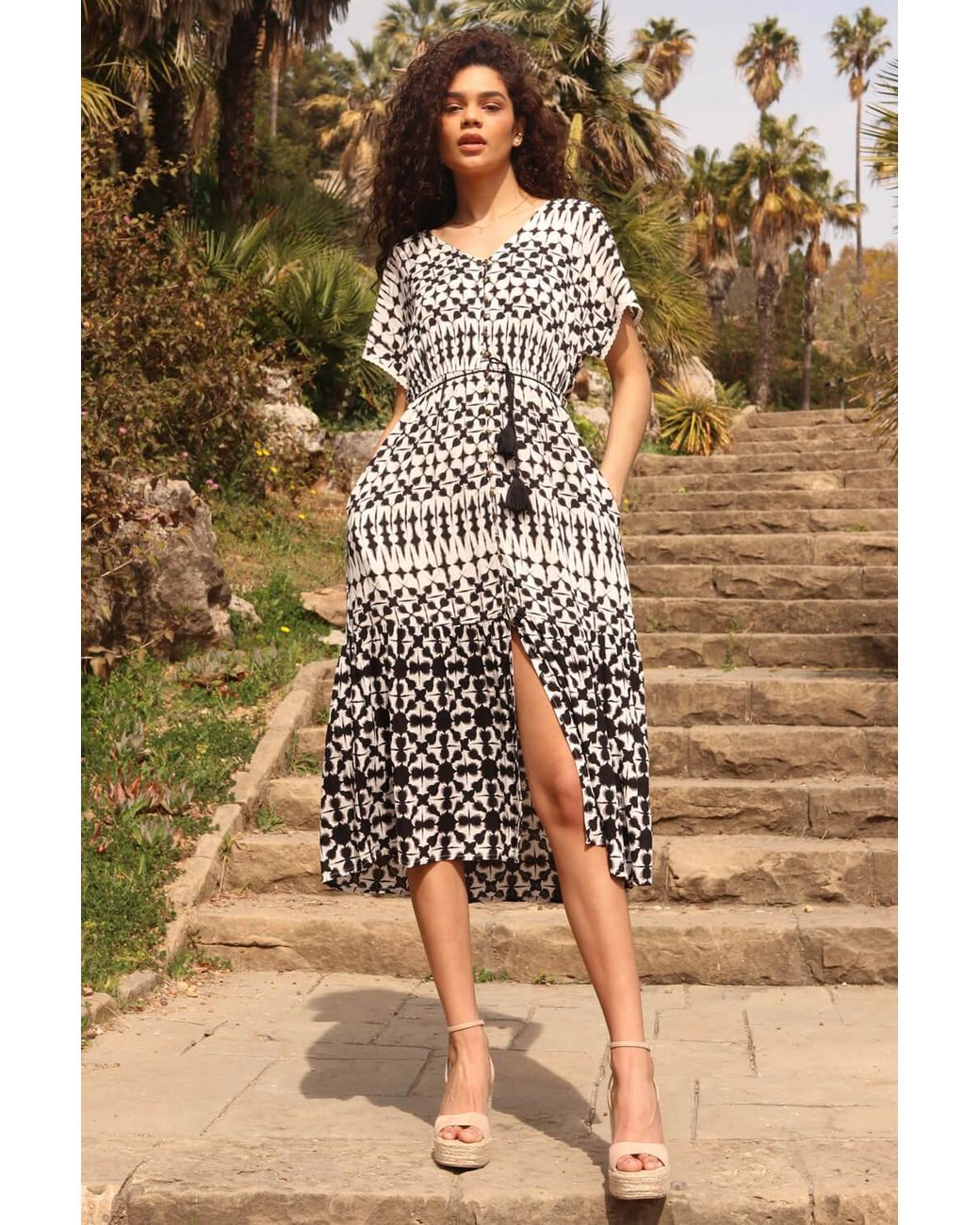 Roman White Aztec Button Down Midi Dress