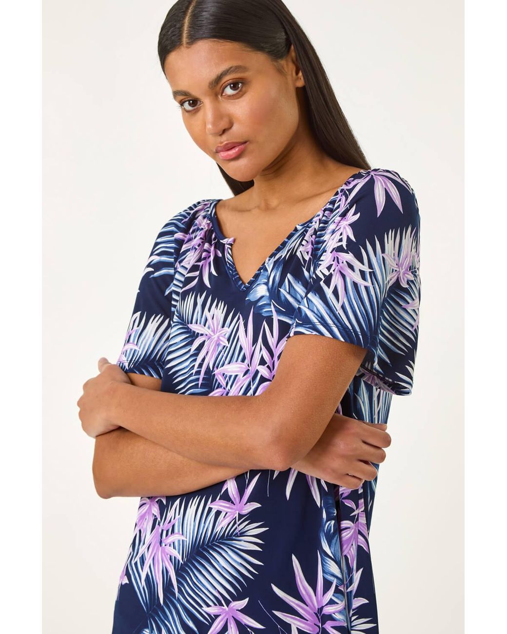 Roman Blue Textured Print Notch Neck Stretch Top