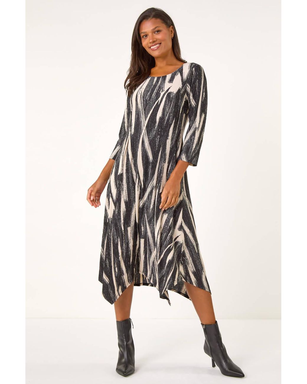 Roman Natural Ribbon Print Hanky Hem Stretch Midi Dress
