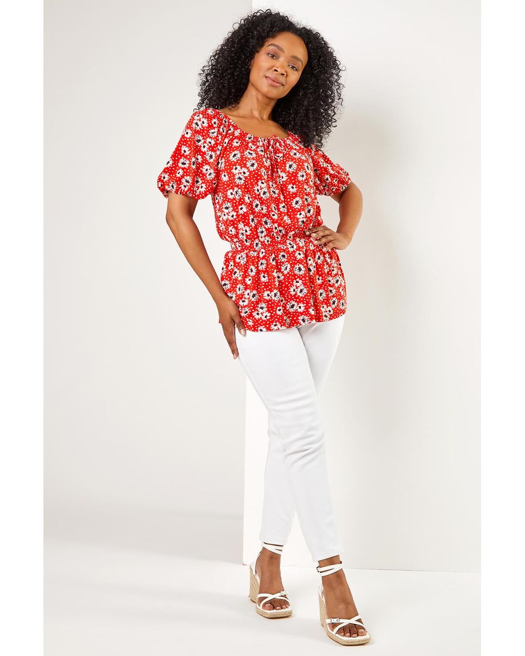 Roman Petite Floral Print Shirred Waist Top