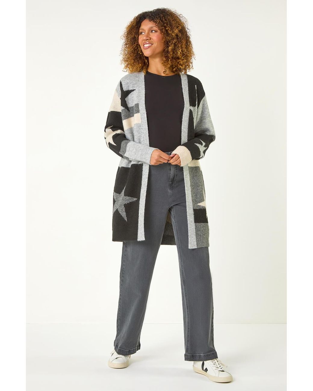 Roman Gray Star Print Longline Stretch Cardigan