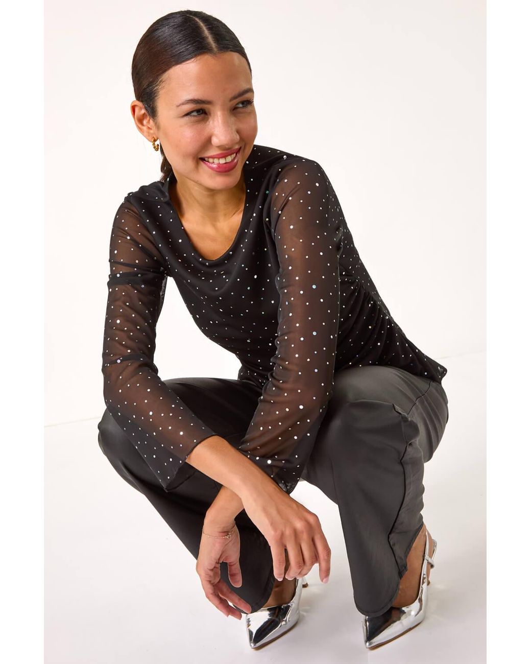 Roman Black Sequin Spot Mesh Ruched Top