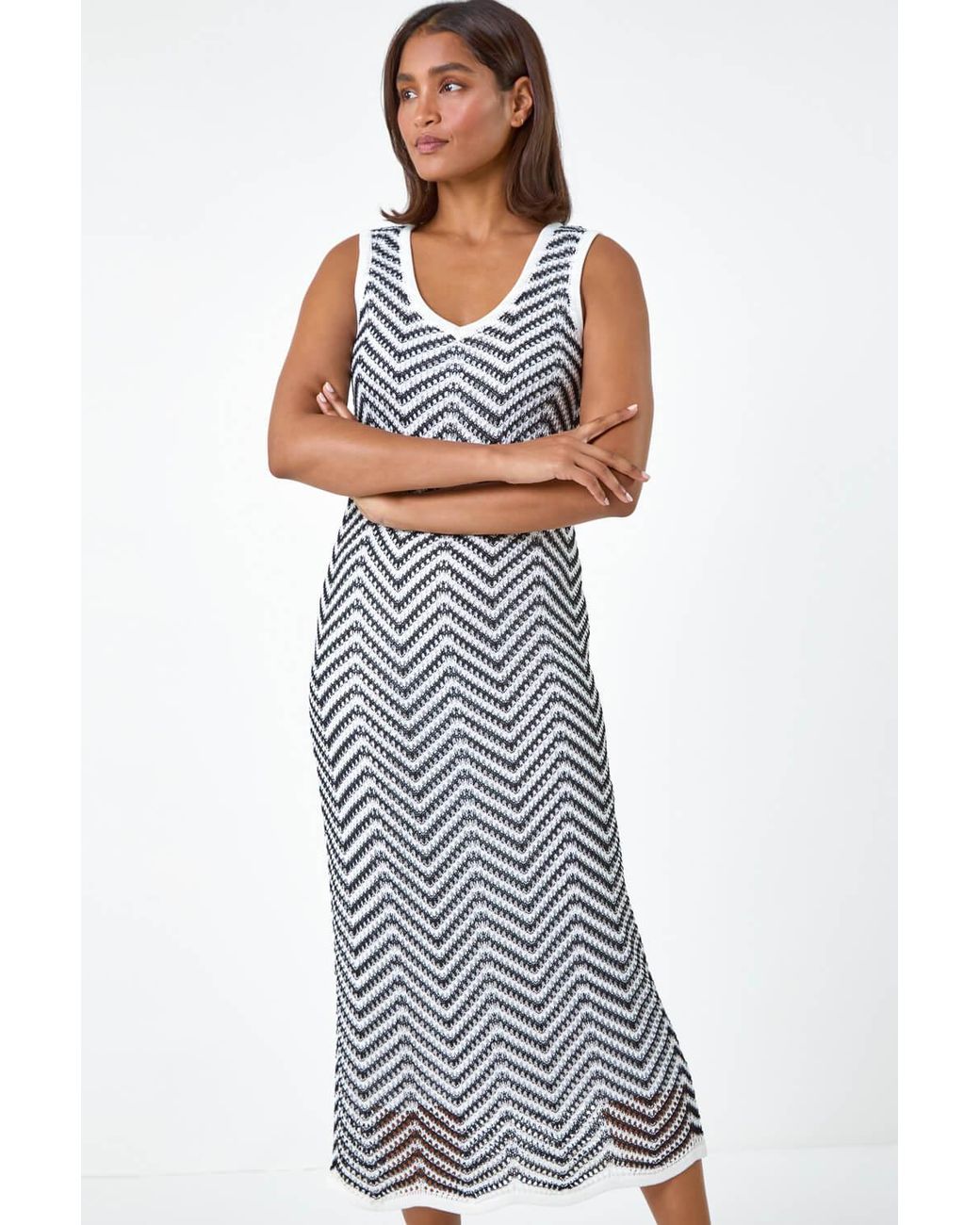 Roman Blue Zig Zag Crochet Knit Bodycon Midi Dress