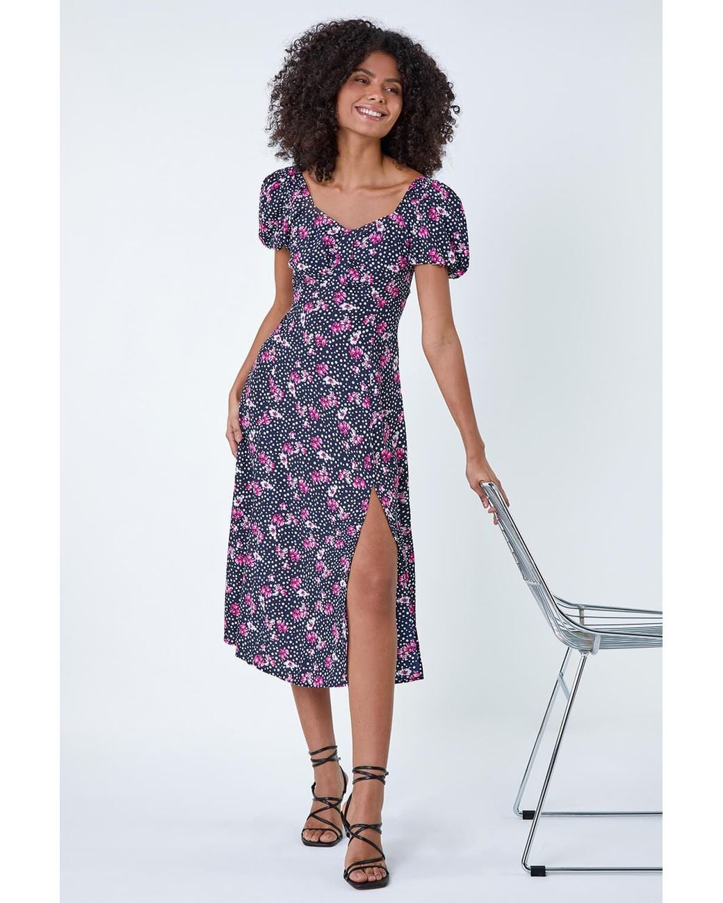 D.u.s.k White Floral Polka Dot Puff Sleeve Midi Dress