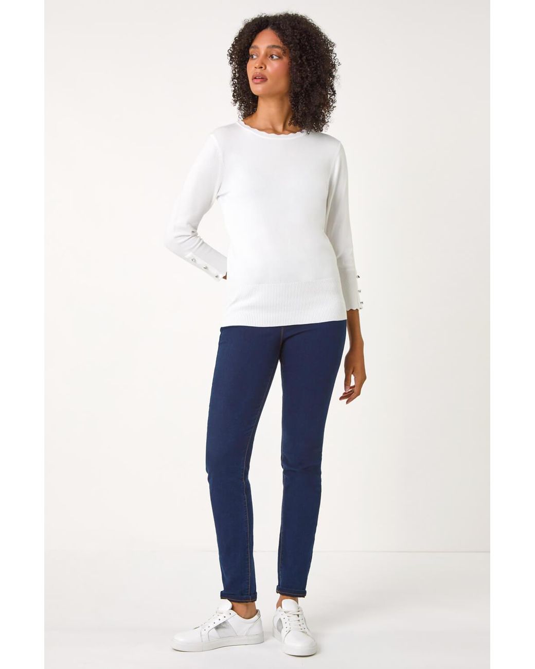 Roman White Diamante Button Scallop Edge Jumper