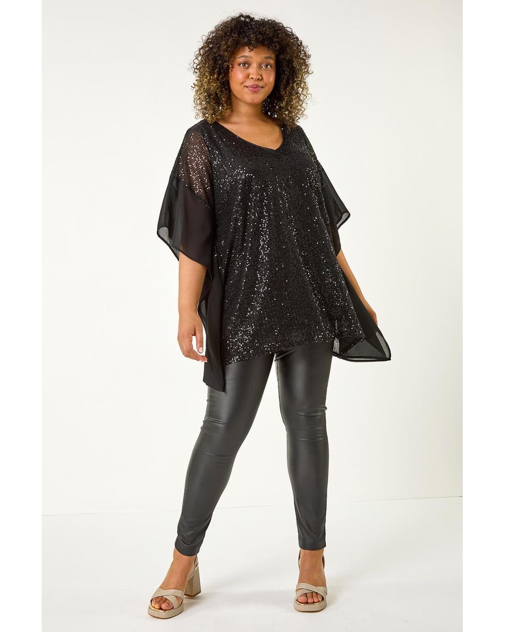 Roman Curve Black Full Sequin Chiffon Overlay Top