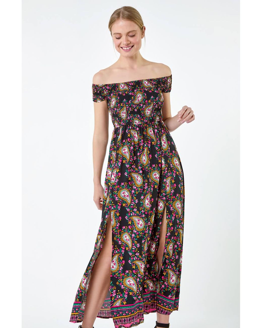 Roman Black Paisley Shirred Bardot Maxi Dress
