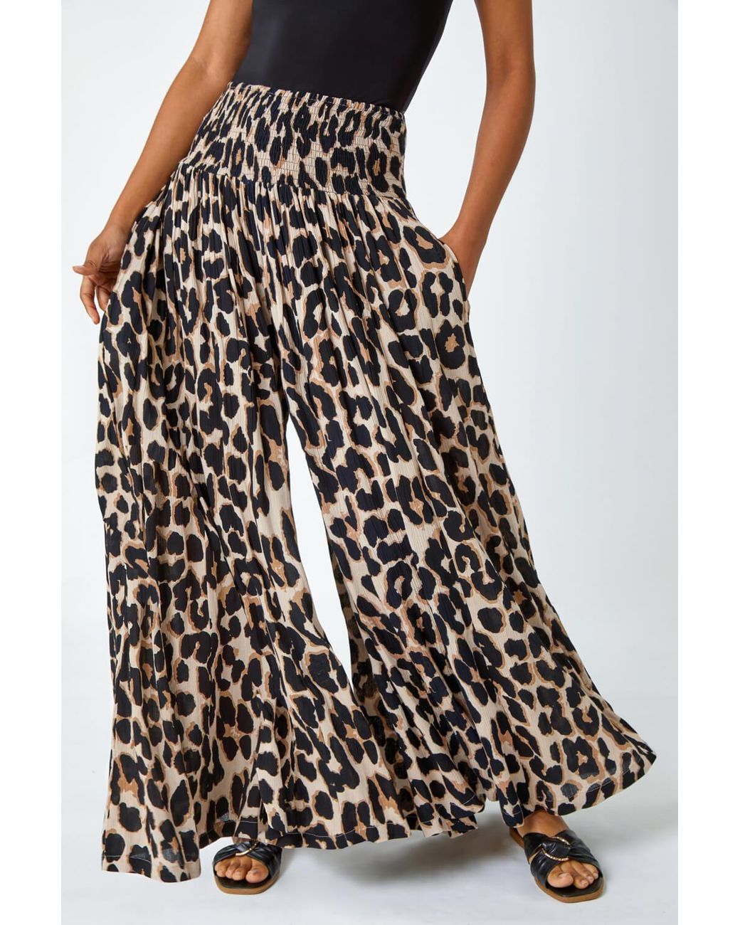 Roman White Animal Shirred Palazzo Stretch Trouser