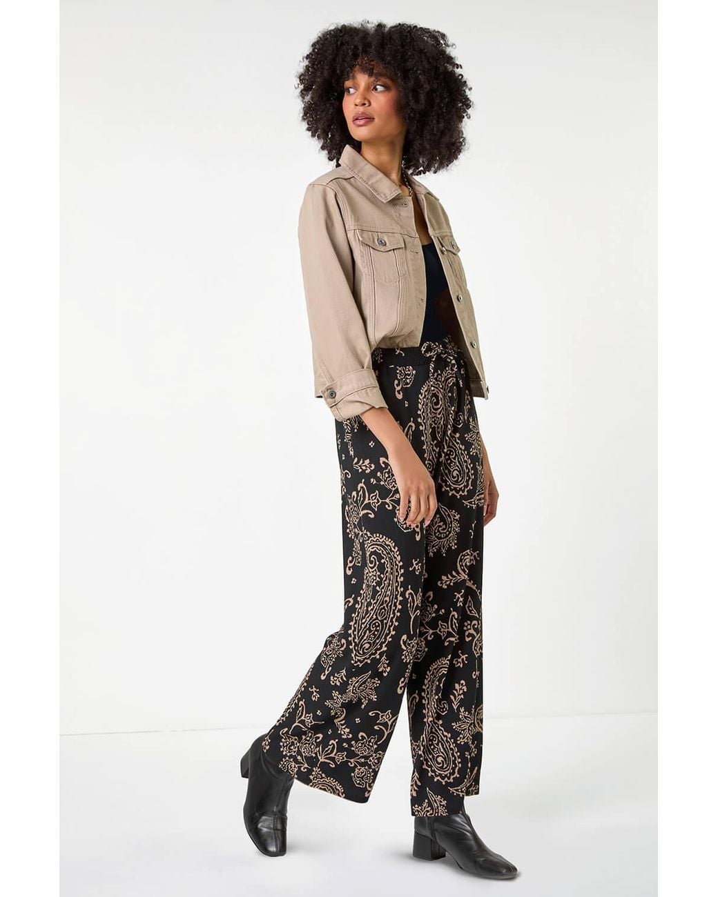 Roman Black Paisley Print Textured Jersey Trousers