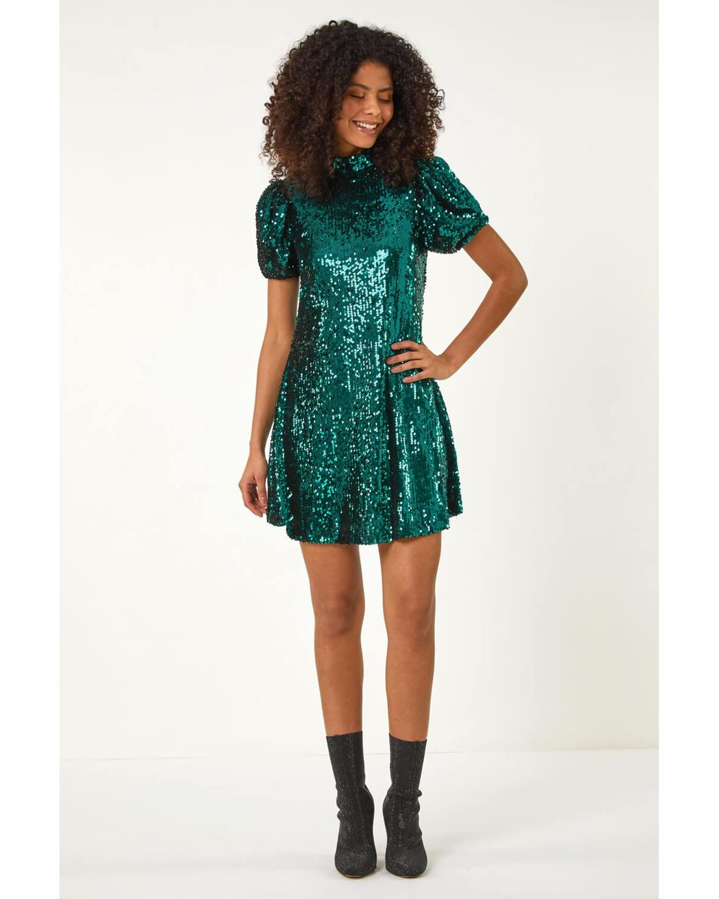 D.u.s.k Green Sequin Puff Sleeve Stretch Shift Dress