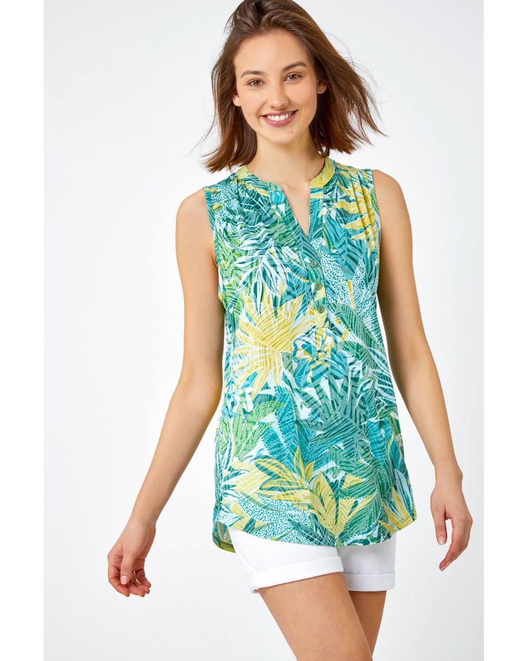 Roman Blue Sleeveless Tropical Button Detail Top