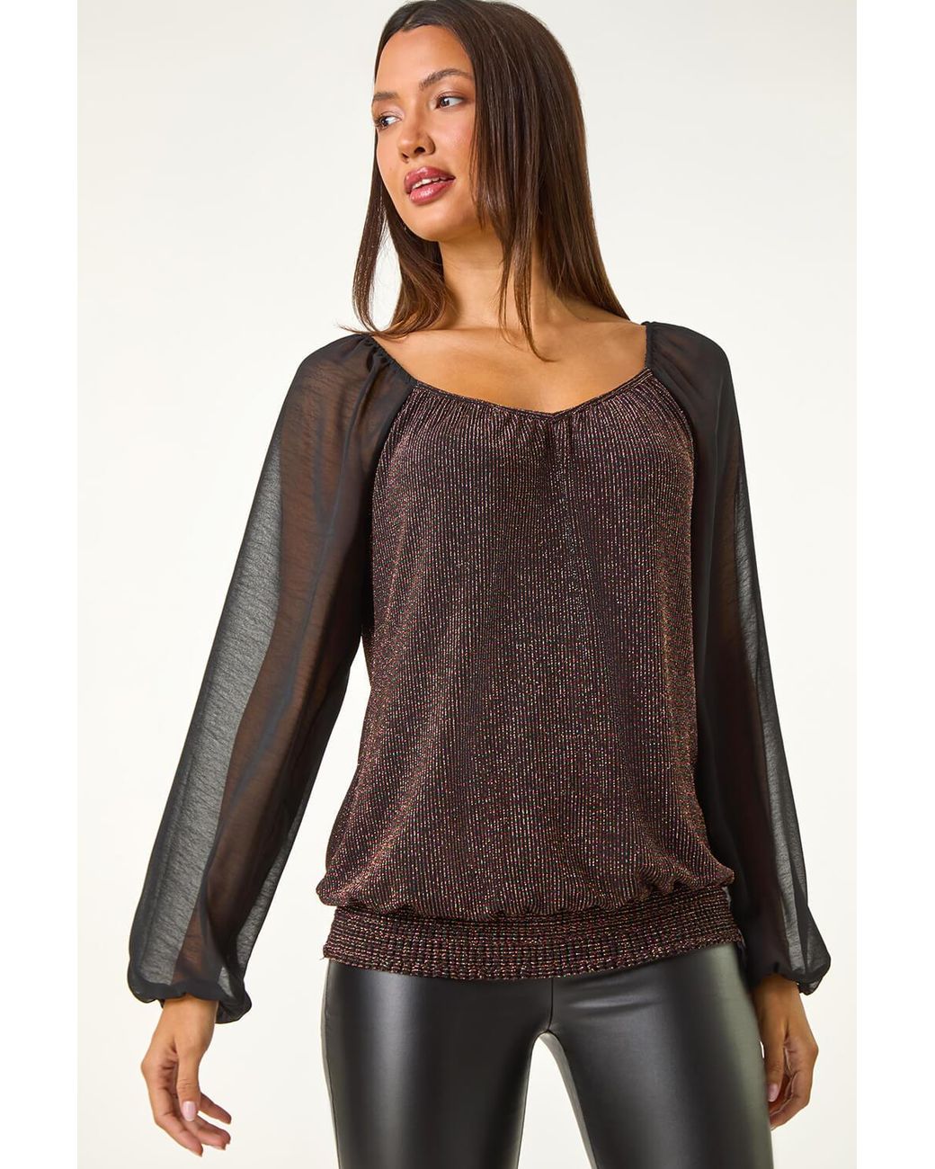 Roman Black Sparkle Chiffon Sleeve Stretch Top