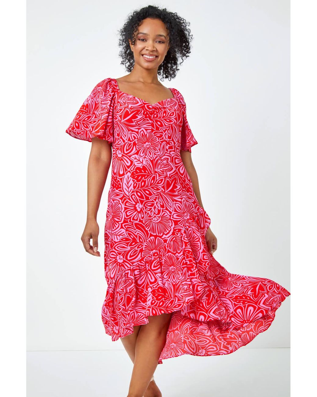 Roman Petite Red Floral Print Ruched Midi Dress