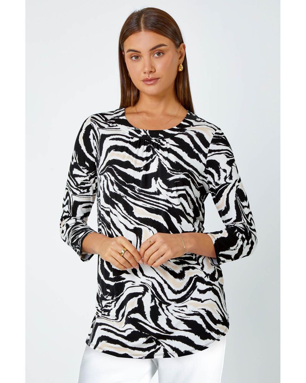 Roman Black Animal Print Pleated Stretch Top