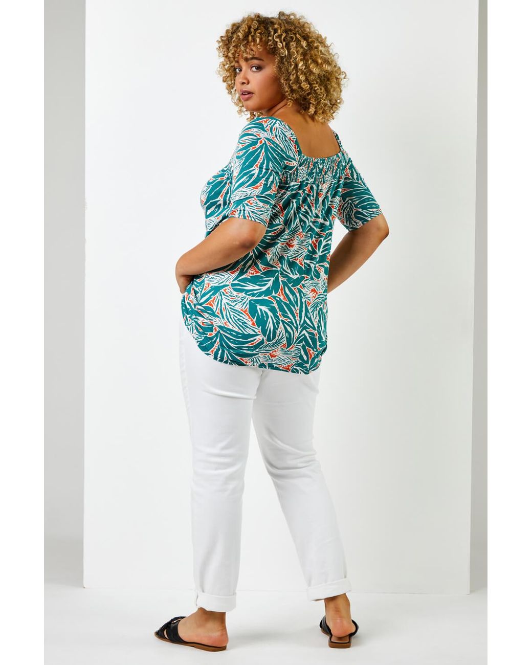 Roman Curve Green Tropical Print Shirred Detail Tunic Top