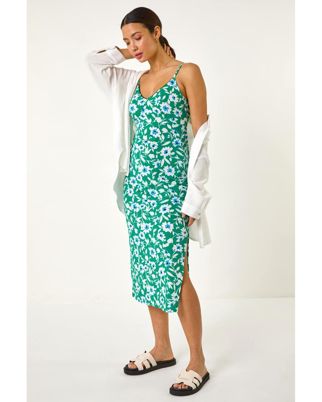 Roman Green Floral Strappy Stretch Midi Dress