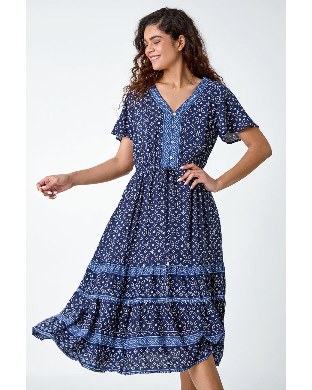 Roman Blue Geometric Floral Border Print Frill Dress