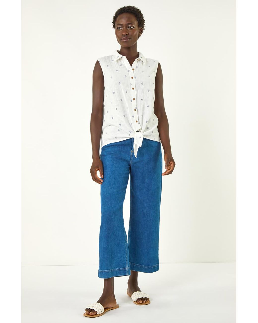 Roman Blue Embroidered Tie Hem Blouse