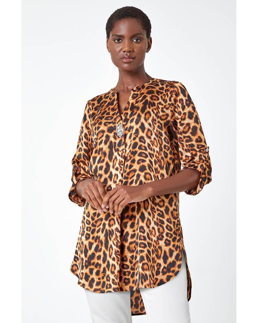 Roman White Animal Longline Button Detail V-Neck Blouse