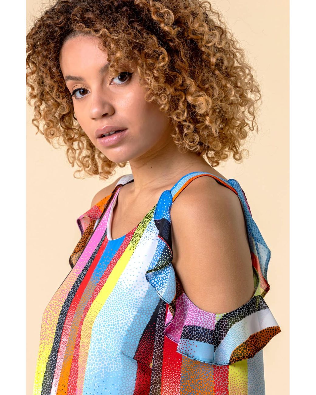 Roman Blue Stripe Print Cold Shoulder Frill Top