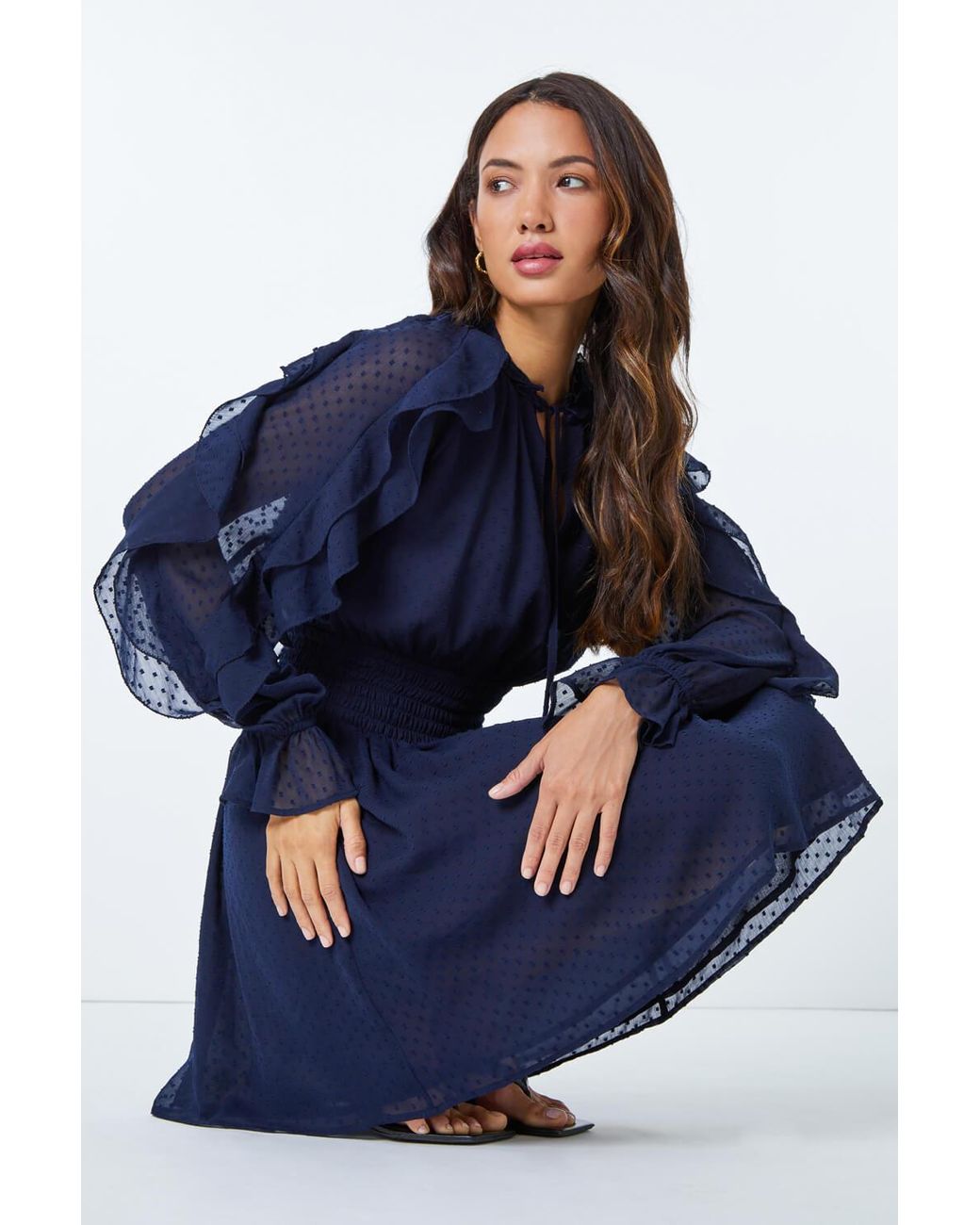 D.u.s.k Blue Chiffon Spot Print Frill Dress
