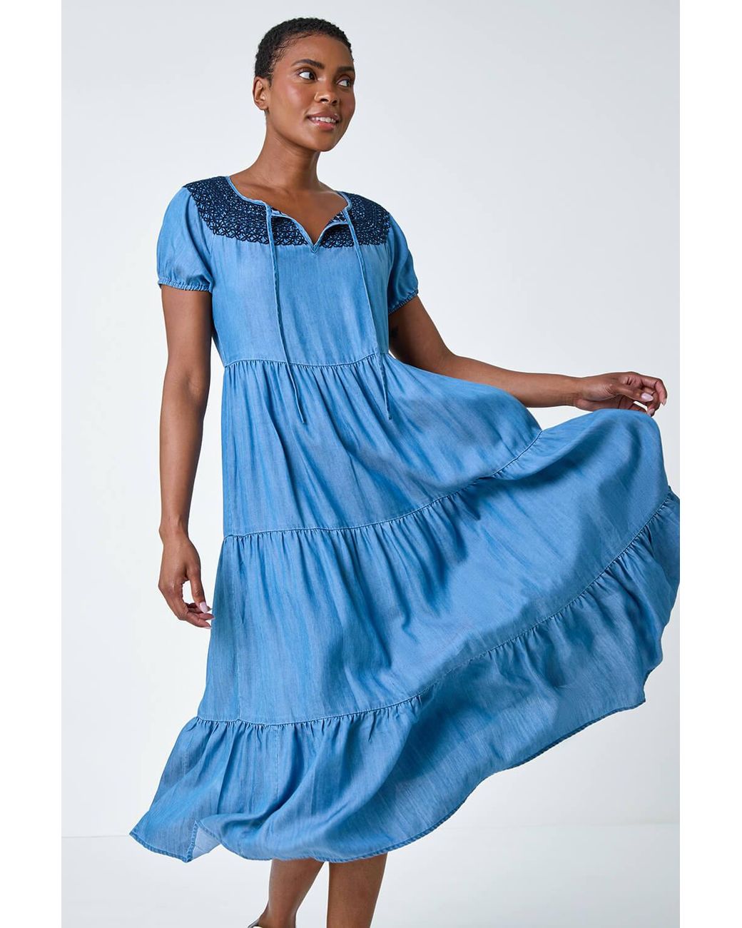 Roman Blue Lace Detail Midi Smock Dress