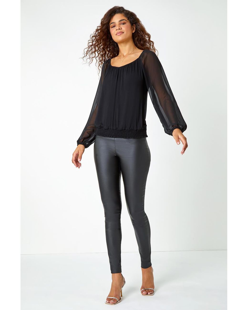 Roman Black Chiffon Sleeve V-Neck Bubble Hem Stretch Top