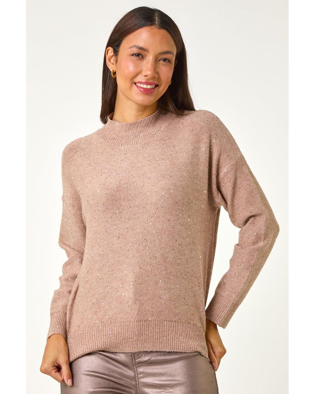 Roman Natural Sequin Detail High Neck Jumper