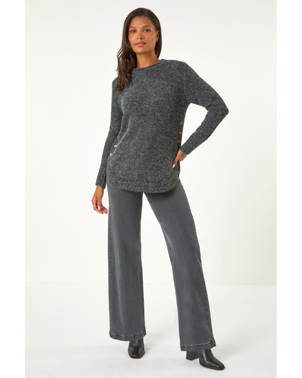 Roman Gray Button Detail Curved Hem Jumper